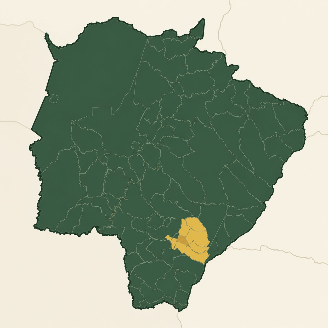 Mapa de Mato Grosso do Sul com os oito municípios da rede Aviglória destacados em dourado